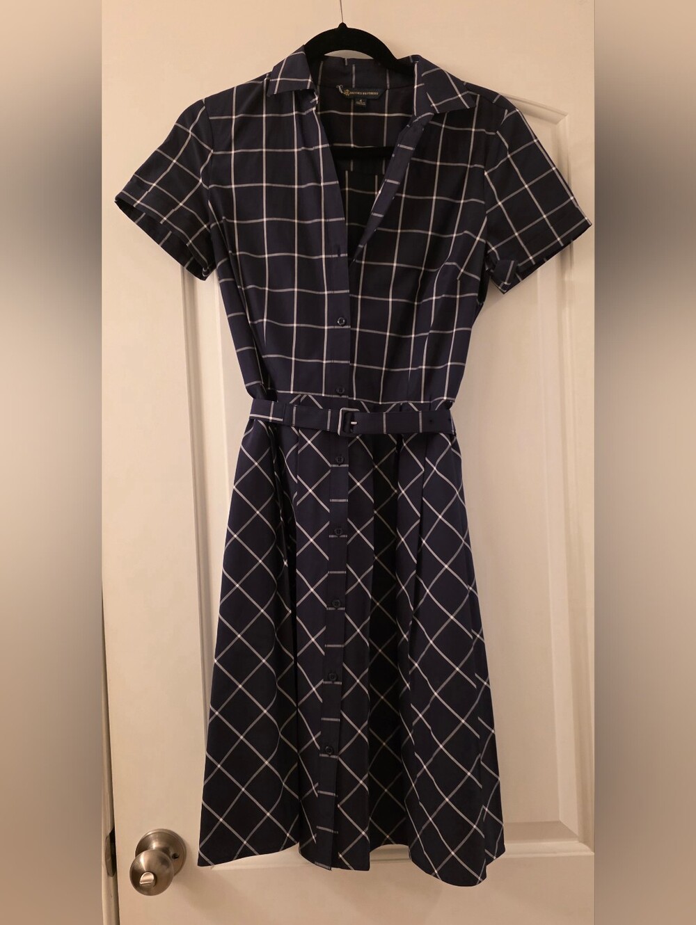 Brooks Brothers Navy White Windowpane Belted Shirt Dress